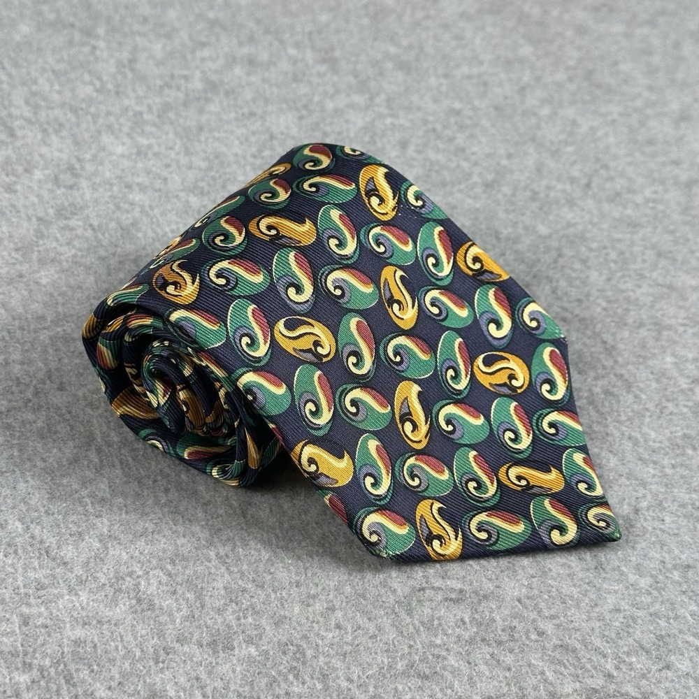 Vintage Nautica Silk Tie USA Navy Green Gold Paisley Swirl Necktie 56x4"